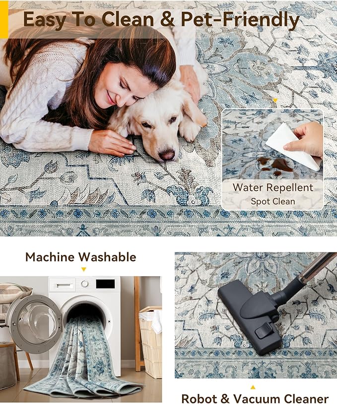 Area Rugs 3'x12' Runner Rug Non Slip Washable for Kitchen Hallway Bedroom Beside Laundry Room Bathroom Rug, Floor Carpet, Light Blue Navy Beige Gray White