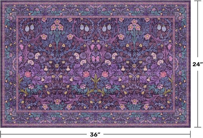 Washable Purple 2x3 Entryway Area Rug, Bohemian Small Throw Violet Carpet for Bathroom, Front Door Indoor, Mudroom, Kitchen, Vintage Farmhouse Plum Floral Décor, Stain & Fade Resistant