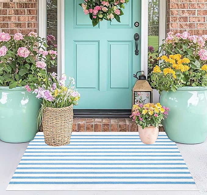 Light Blue White Outdoor Front Door Mat 24"x35",Cotton Woven Washable Striped Layered Doormat Indoor Outdoor Area Rug for Entryway Porch Decor Home Entrance