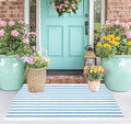 Light Blue White Outdoor Front Door Mat 24"x35",Cotton Woven Washable Striped Layered Doormat Indoor Outdoor Area Rug for Entryway Porch Decor Home Entrance