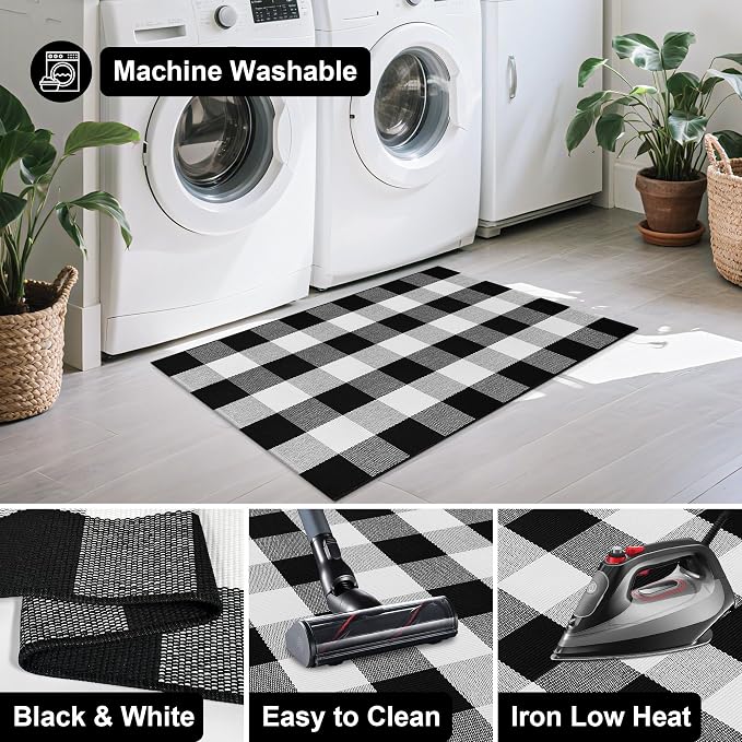 Buffalo Plaid Outdoor Rug 27.5x43 Inches Black and White Checkered Rug Washable Front Porch Layered Door Mats Indoor Outdoor Carpet for Entryway Patio Farmhouse Decor