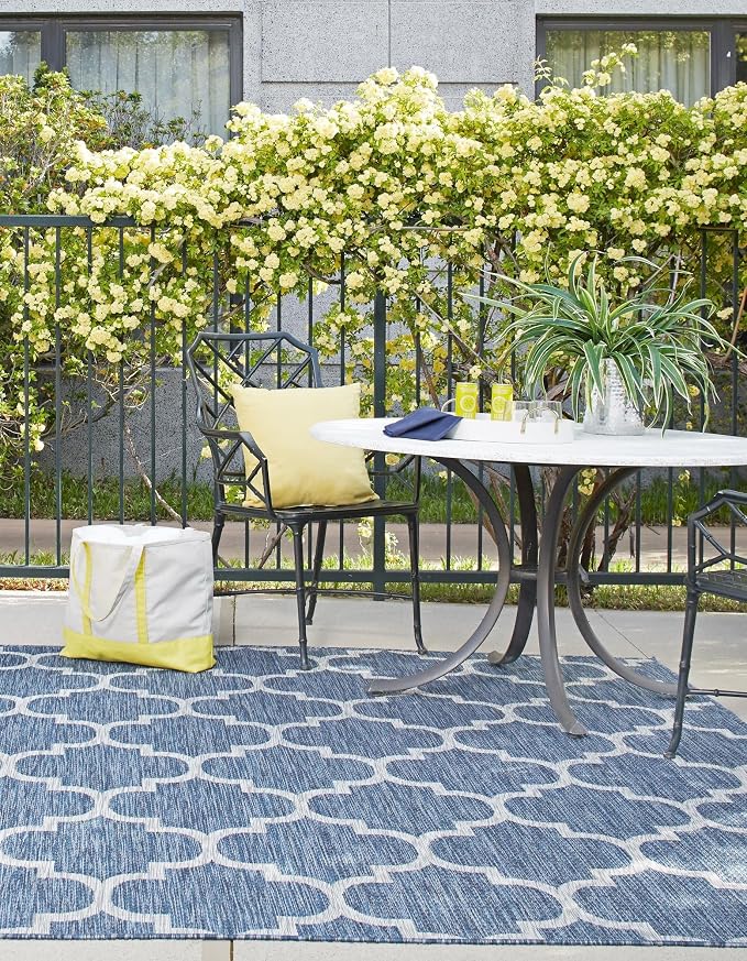 Unique Loom Trellis Collection Area Rug-Lattice Design, Moroccan Inspired for Indoor/Outdoor Décor, 7' 10" x 7' 10" Square, Navy Blue/Gray