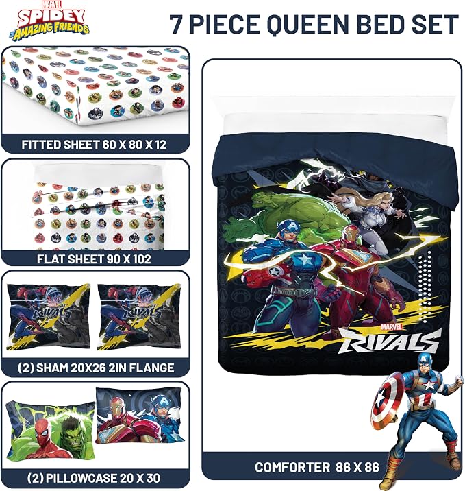 Marvel Rivals Queen Comforter Set 7 Piece Soft Bedding for Boys, Multi | Avengers, Comforter Sheets Shams Pillowcases, Official Product, Soft Microfiber, Machine Washable, Boys Gift