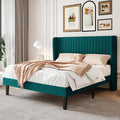 SHA CERLIN Queen Size Velvet Bed Frame, Tufted Wingback Headboard, Teal | 47'' Modern Vertical Channel Headboard, Upholstered Platform Bed, Wood Slats, No Box Spring Needed, Easy Assembly, Noise Free