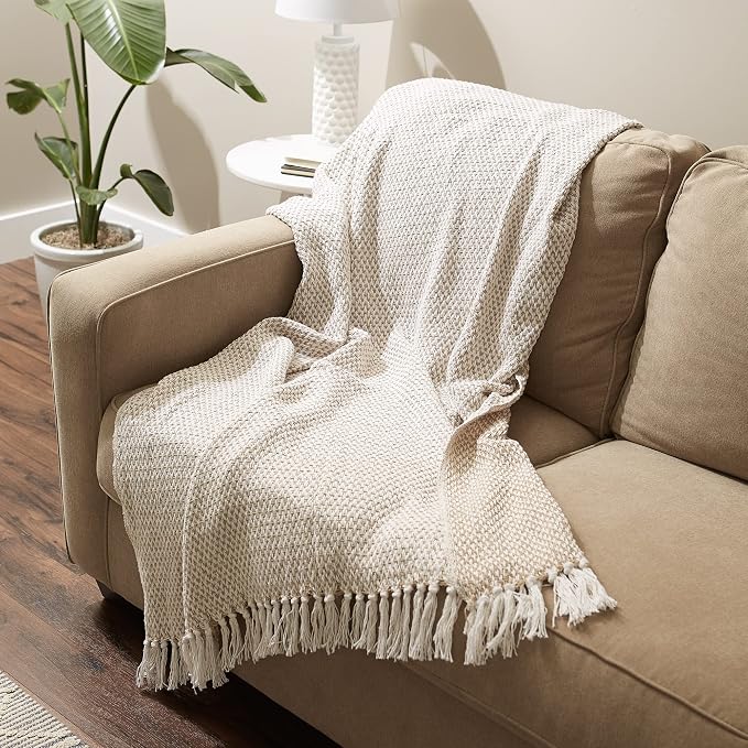 DII Woven Throw Collection 100% Cotton, Basketweave, 50x60, Stone