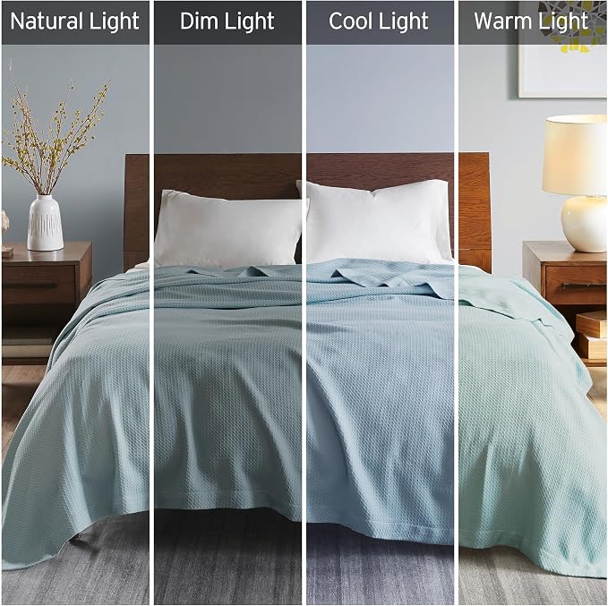 Madison Park 100% Egyptian Cotton Summer Blanket Full Queen Size Light Blue | Cozy Soft Breathable Durable, Waffle Weave Woven Casual, Lightweight Knit All Season Throw for Bed Couch or Sofa, OEKO TEX