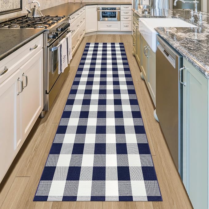 Buffalo Plaid Runner Rug 3x10 Feet Navy and White Checkered Runner Rug Cotton Woven Farmhouse Floor Mat Washable Rugs for Hallway Kitchen Laundry Bedroom Living Room