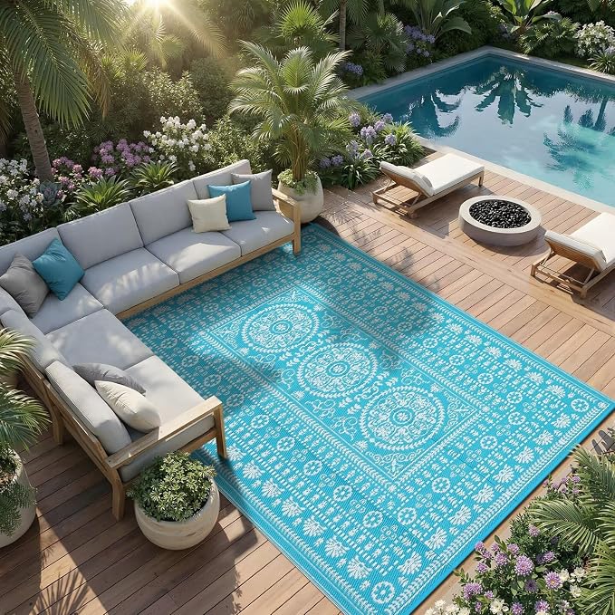Garvee Reversible Outdoor Rug 5x8 for Patio, Waterproof Outdoor Area Rug, Boho Medallion Indoor Outdoor Carpet for Porch, Plastic Straw Rug for RV, Camping, Deck, Blue and White