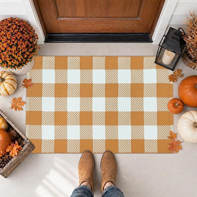 Caramel and White Buffalo Plaid Rug 28" x 43", Machine Washable Layering Mat for Front Door, Entryway, Kitchen, Indoor Outdoor Low Profile Cotton Woven Check Rug