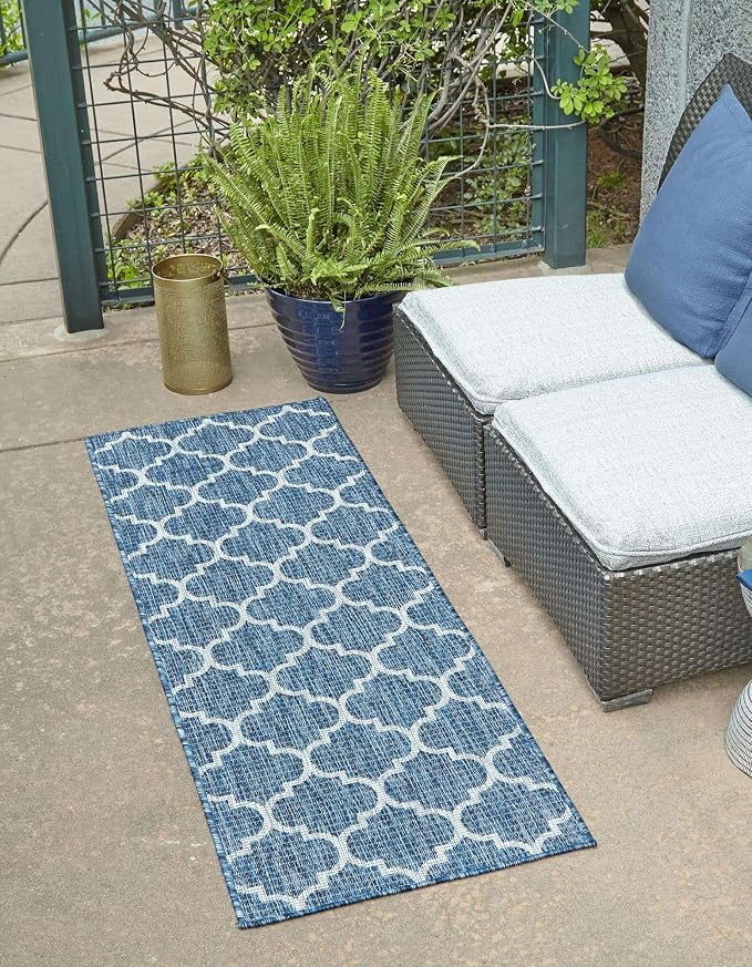 Unique Loom Trellis Collection Area Rug-Lattice Design, Moroccan Inspired for Indoor/Outdoor Décor, 2' 0" x 8' 0" Runner, Navy Blue/Gray