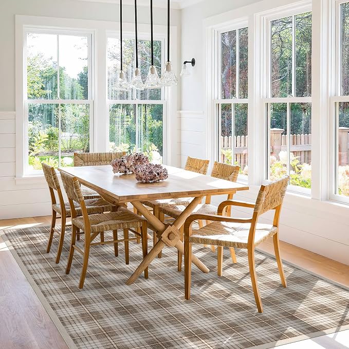 GarveeHome Checkered Area Rugs 5x7 for Living Room, Machine Washable Non Slip Backing Rug, Stain Resistant Low-Pile Indoor Outdoor Carpet for Bedroom Dining Room Office Nursery Beige