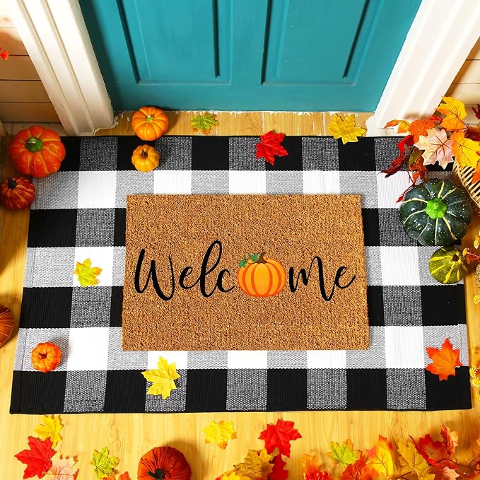 Moucuny 2 Pcs Fall Coir Doormat Outdoor 16'' x 28'' Pumpkin Welcome Doormat Layered 24'' x 35'' Buffalo Black and White Plaid Rug Fall Non Slip Floor Mat Fot Autumn Entrance Porch Front Decor
