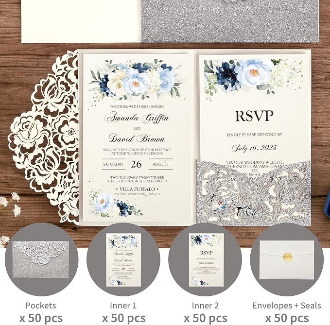 DORIS HOME 50Pcs Personalized Laser Cut Wedding Invitations, Silver Glitter | 4.7"x7.1", Customized Anniversary Invitations, With Envelopes