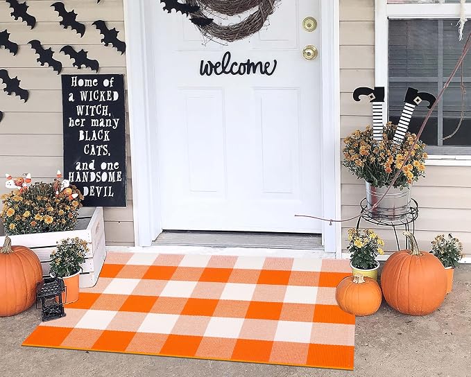 Cotton Buffalo Plaid Outdoor Rug 24'' x 35'' Orange and White Layered Doormat,Halloween Front Door Mat Outdoor,Farmhoue Woven Washable Checkered Rug for Porch, Entryway, Farmhouse, Autumn, Halloween