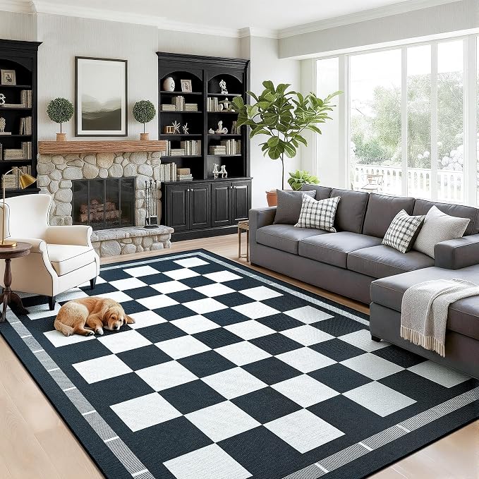 Vasofe 6x9 Checkered Jute Outdoor Rug, Washble Patio Balcony Plaid Area Rug | Washable Living Room Indoor Carpet, Non Slip Farmhouse Neutral Geometric Rugs for Camping Dining Room Backyard, Black/White