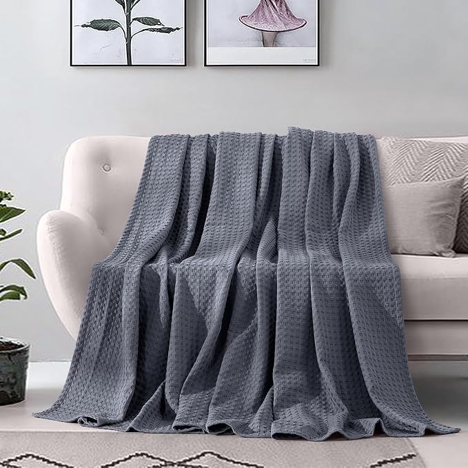 Elegant Comfort Premium 100% Cotton Waffle Blanket - Lightweight Breathable Waffle Weave Bed Blanket - Soft and Warm All Season Blanket for Couch, Sofa and Bed, Twin Size 68x88 Inches, Gray