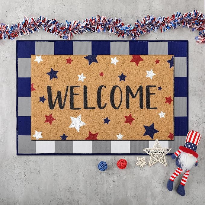 Tinideya 2 Pcs 4th of July Door Mat Patriotic Welcome Non Slip Coir Mats Red Blue White Independence Day Star Buffalo Floor Layering Doormats Seasonal for Front Porch Entryway Decor(Independence Day)