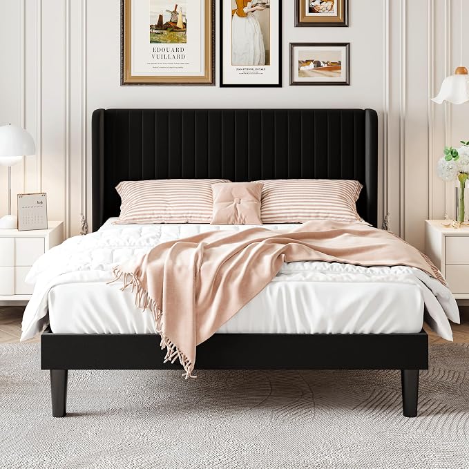 SHA CERLIN Full Size Velvet Bed Frame, Tufted Wingback Headboard, Black | 47'' Modern Vertical Channel Headboard, Upholstered Platform Bed, Wood Slats, No Box Spring Needed, Easy Assembly, Noise Free