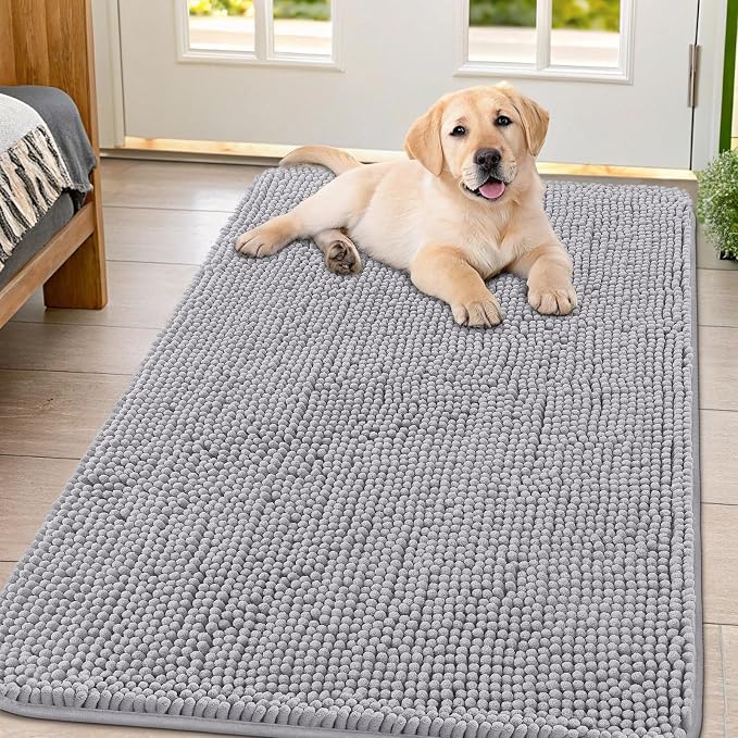 Smiry Dog Door Mat for Muddy Paws 54x32, Absorbent Dirt Trapper, Non-Slip Washable Chenille Entryway Rug for Inside Floor, Light Grey, Classic Solid