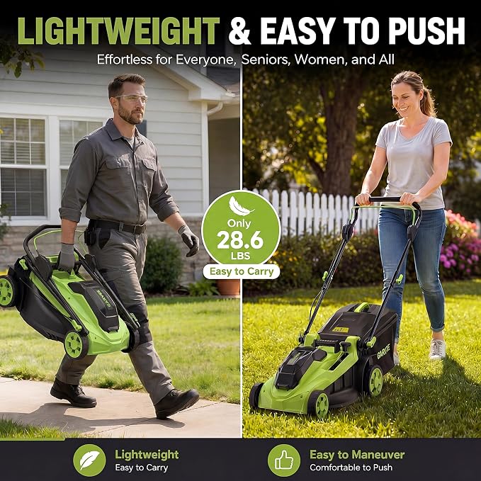 Garvee Cordless Lawn Mower, 17-Inch Battery Powered Electric Push Mower, 2-in-1 Mulching & Bagging, 6 Cutting Heights, 40L Grass Bag, Lightweight Walk-Behind Mower for Small to Medium Yards, Green