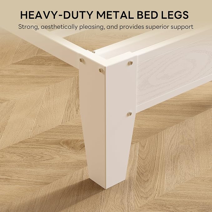 LIKIMIO Queen Bed Frames, PU Leather Storage Headboard with Charging Station, Solid and Stable, Noise Free, No Box Spring Needed, Easy Assembly, White