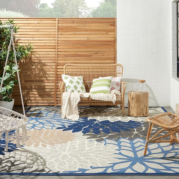 Nourison Home Aloha Indoor/Outdoor Blue/Multicolor 9' x 12' Area Rug, Tropical, Botanical, Easy Cleaning, Non Shedding, Bed Room, Living Room, Dining Room, Deck, Backyard, Patio (9x12)
