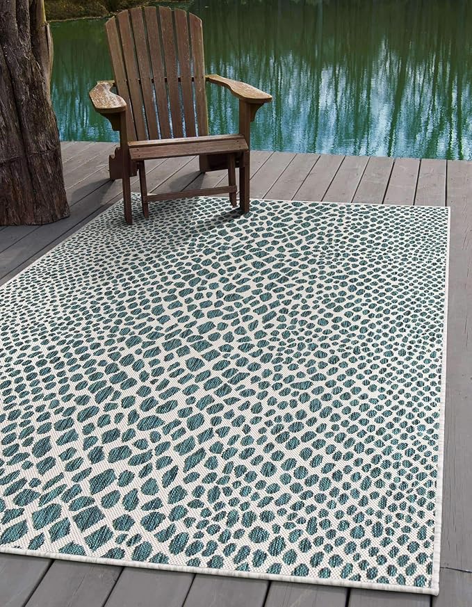 Unique Loom Outdoor Collection Area Rug - Cape Town (9' x 12' Rectangle, Teal/ Ivory)