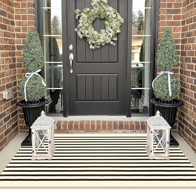 BUAGETUP Black and Beige Outdoor Rug 3'x 5',Striped Washable Porch Rug Cotton Woven Washable Rug Indoor/Outdoor Area Rug Floor Mat for Farmhouse Living Room Bedroom