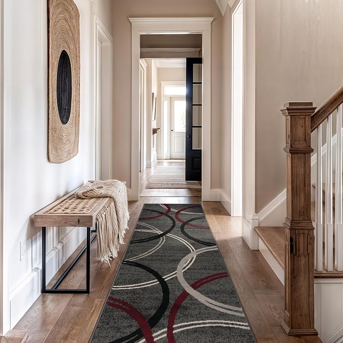 Rugshop Wavy Circles Modern Non-Shedding Runner Rug Red 2'7" x 10' | Rectangular, Size 2'7" x 10', Living Room, Bedroom, Dining Room, Home Office, Kitchen, Entryway, Hallway, Nursery, Kids Room