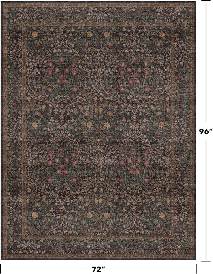 Dark Brown 6x8 Dining Room Rugs for Under Table - Washable Area Rug for Living Room, Low Pile Non-Slip Floor Carpet for Bedroom - Vintage Design & Stain Resistance