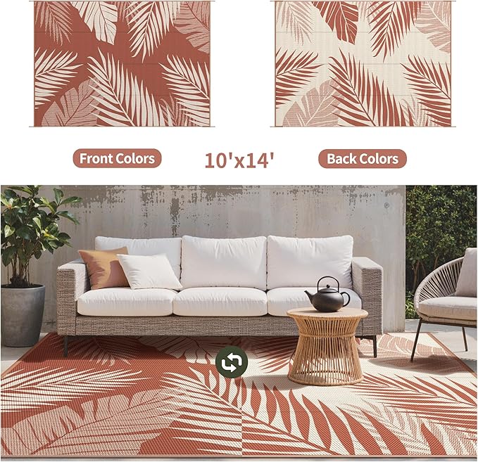 GENIMO Outdoor Rug, Waterproof Plastic Rugs 10'x14' for Camping Brick Red | Outside Larger Leaf Carpet Mat for Porch Decor, Deck, Camping, RV, Backyard, Balcony, Picnic, Beach, Reversible, Foldable