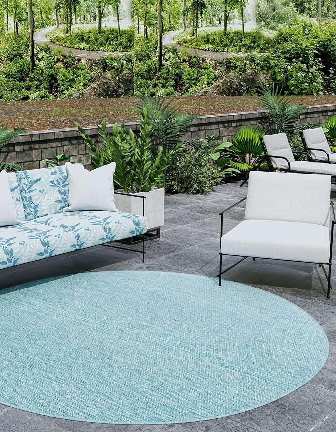 Unique Loom Collection Casual Transitional Solid Heathered Indoor/Outdoor Flatweave Area Rug (13' Round, Aquamarine/Ivory)
