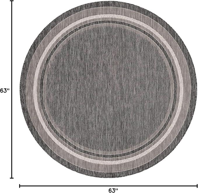 Unique Loom Outdoor Border Collection Area Rug - Soft Border (5' 3" Round, Black/ Ivory)