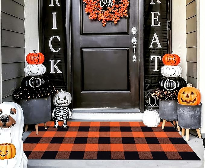 Orange and Black Outdoor Rug 2x4ft,Halloween Front Porch Rug Fall Cotton Woven Washable Layering Rug for Porch,Entryway,Hallway Indoor Outdoor