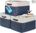 OrganiHaus 16x12.5in Storage Baskets, 3 Pack - Fabric Bins for Shelves | Vegan leather handles; a decorative linen closet organizer, towel and clothes container