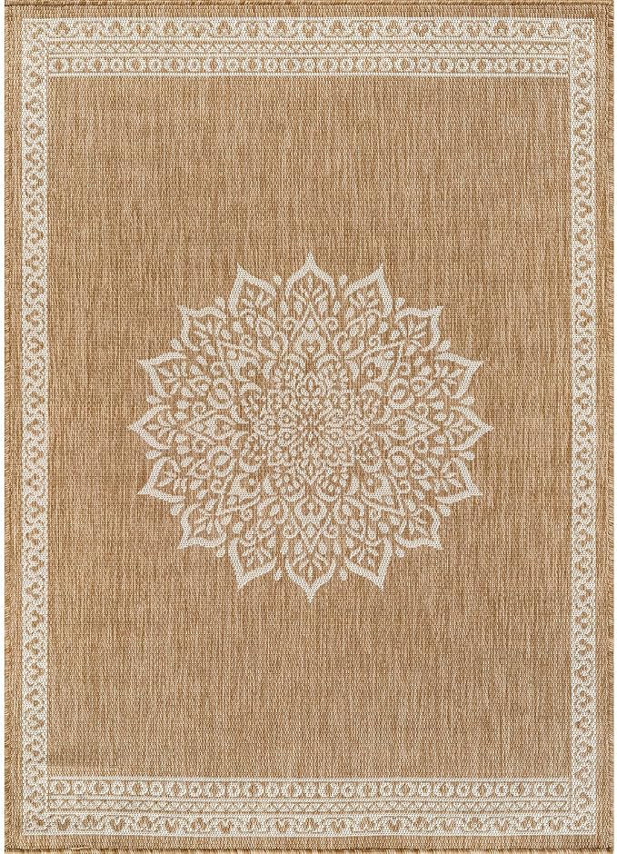 CAMILSON Outdoor Rug 8x10 Medallion Natural Modern Area Rugs for Indoor and Outdoor Patios Kitchen and Hallway Mats Washable Porch Deck Outside Carpet (Medallion Natural 8 x 10)