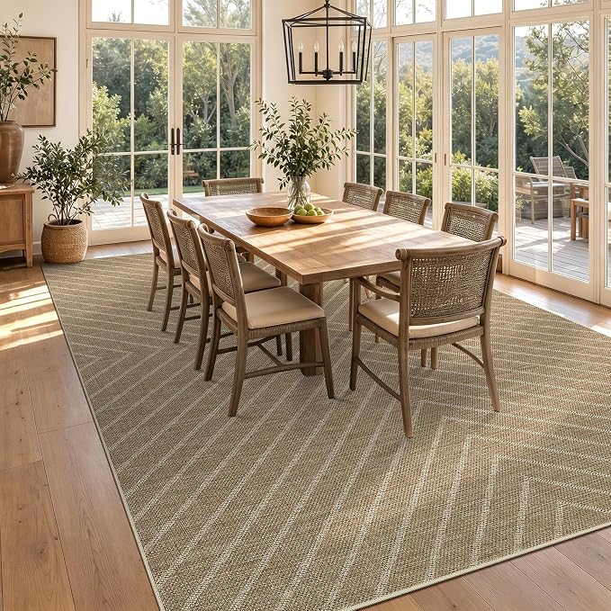 Garvee Washable Easy Jute Living Room Rug - Striped Outdoor Rugs 9x12 for Patio, Large Farmhouse Indoor Outdoor Carpet, Non Slip Low Pile Stain Resistant Carpet for Bedroom Dining Room 9'x12'