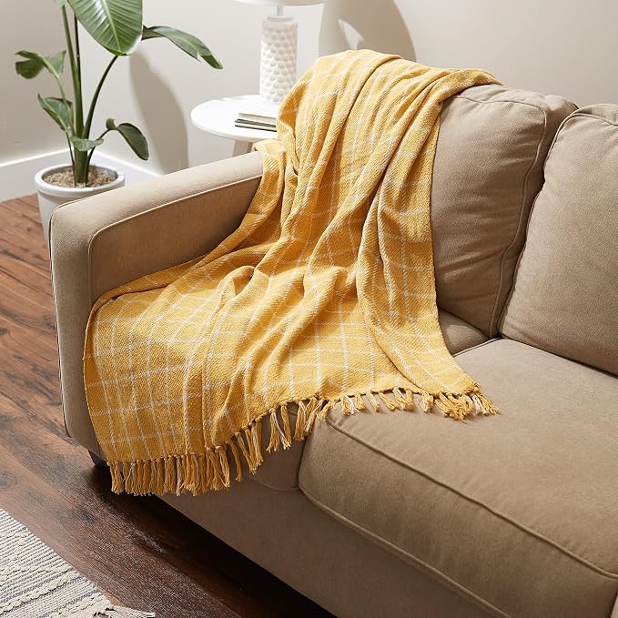 DII Transitional Checked Plaid Woven Throw, 50x60, Honey Gold
