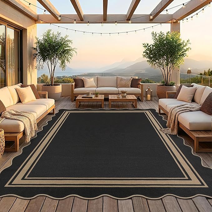 8x10 Scalloped Rug Easy Jute Washable Rug for Living Room Indoor Outdoor Black Geometric Non Slip Carpet for Under Table Neutral Carpet for Backyard Patio Dining Room