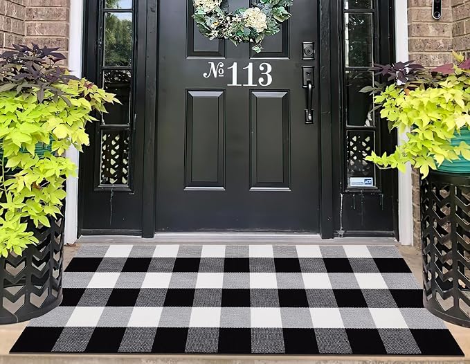 Black and White Outdoor Rug 24''X 51'' Front Porch Rug Cotton Woven Washable Checkered Layering Door Mat for Door Mats Outdoor Porch Entryway Bedroom Living Room