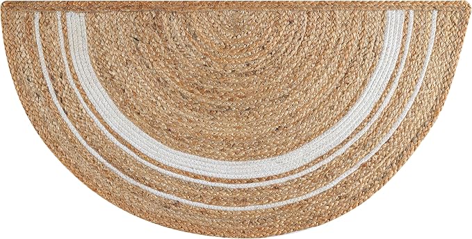 Boho Braided 1.5x3 Area Rug - Jute Natural Fiber Half Round Rug for Living Room Entryway, Farmhouse, Home, Indoor Rugs Jute Door mat for Bathroom, Kitchen (White Natural, 1.5 X 3 ft)