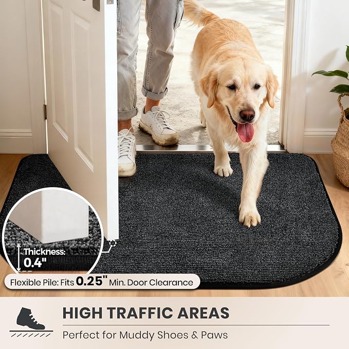 PURRUGS Dirt Trapping Door Mat Half Round 32" x 47", Non-Slip Machine Washable Entry Rug, Entrance Mat, Indoor Front Door Mat, Super Absorbent Entryway Rug for Muddy Shoes & Paws, Heathered Charcoal