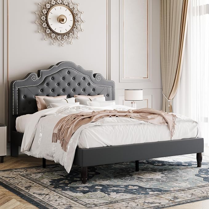 Allewie Full Size Bed Frame with Adjustable Velvet Tiara Headboard, Upholstered Diamond Button Tufted Platform Bed, Wood Slats Support, No Box Spring Needed, Light Grey