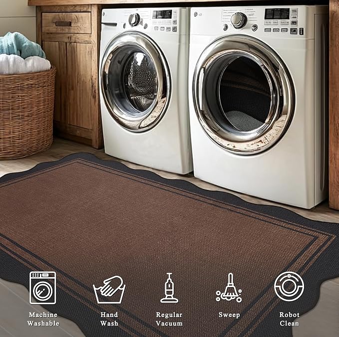 Easy Jute Kitchen Rug 2x3 Front Door Mat Washable Non Slip Entryway Rug Farmhouse Neutral Low Pile Scalloped Carpet for Entryway Proch Doorway