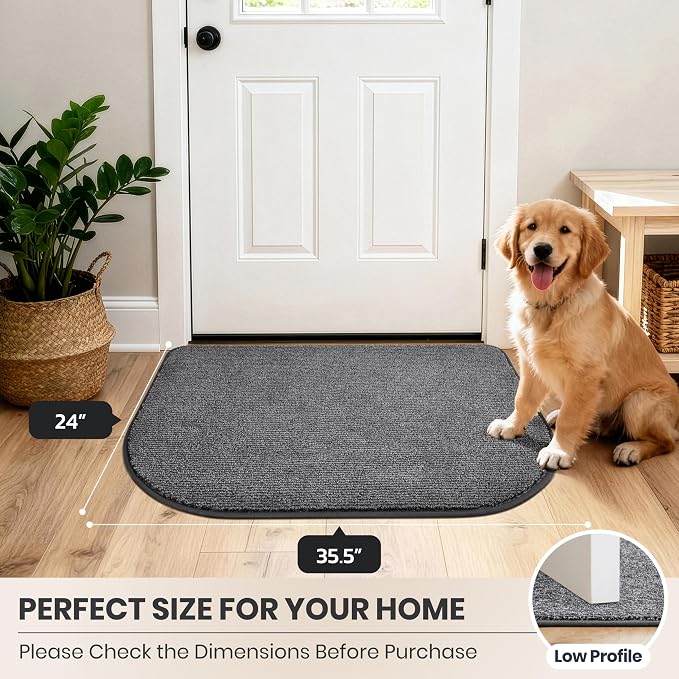 PURRUGS Dirt Trapping Door Mat Half Round 24" x 35.5", Non-Slip Machine Washable Entry Rug, Entrance Mat, Indoor Front Door Mat, Super Absorbent Entryway Rug for Muddy Shoes & Paws, Heathered Grey