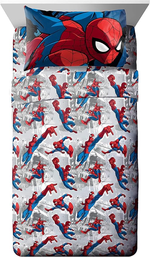 Marvel Spiderman Twin Comforter Set 4 Piece Kids Bedding for Boys, Multi | Bed in a Bag, Comforter Sheets Pillowcase, Official Product, Soft Microfiber, Machine Washable, Easy Care, Boys Gift
