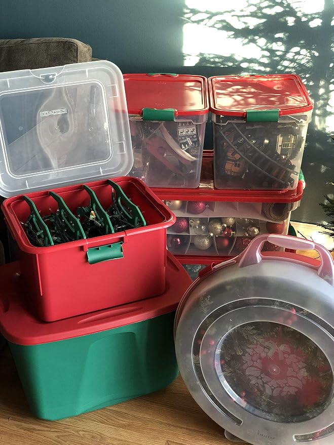 HOMZ Set of 3 Holiday Wreath Plastic Storage Containers, Holds Up to 24” Diameter, Secure Latching Lid and Easy Grip Handle, Stackable and Nestable, Red/Clear | Stackable Seasonal Decoration Organizer Bins with Lids and Handles for Christmas Wreaths an...