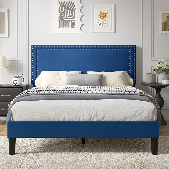 VECELO Full Size Platform Bed Frame with Height Adjustable Upholstered Headboard, Modern Mattress Foundation,Strong Wood Slat Support, No Box Spring Needed, Easy Assembly,Dark Blue