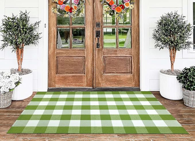 Front Porch Rug 3'x5'Checkered Green and White Outdoor Rug Farmhouse Layered Doormat Machine Washable Front Door Mat Outdoor for Hello Welcome Mat,Bedroom,Entryway,Patio