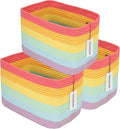 XUANGUO Woven Cotton Rope Storage Baskets 15x10x9.3" 3 Pack Rainbow | Colorful storage baskets for shelves and playrooms; toy storage bins organize kids' toys, books, clothes and nursery items.